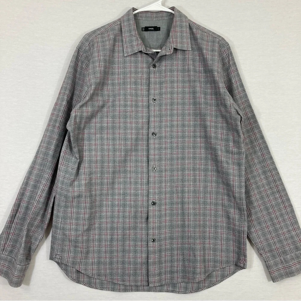 Vince‎ Men's Gray Plaid Cotton Long Sleeve Button Down Large